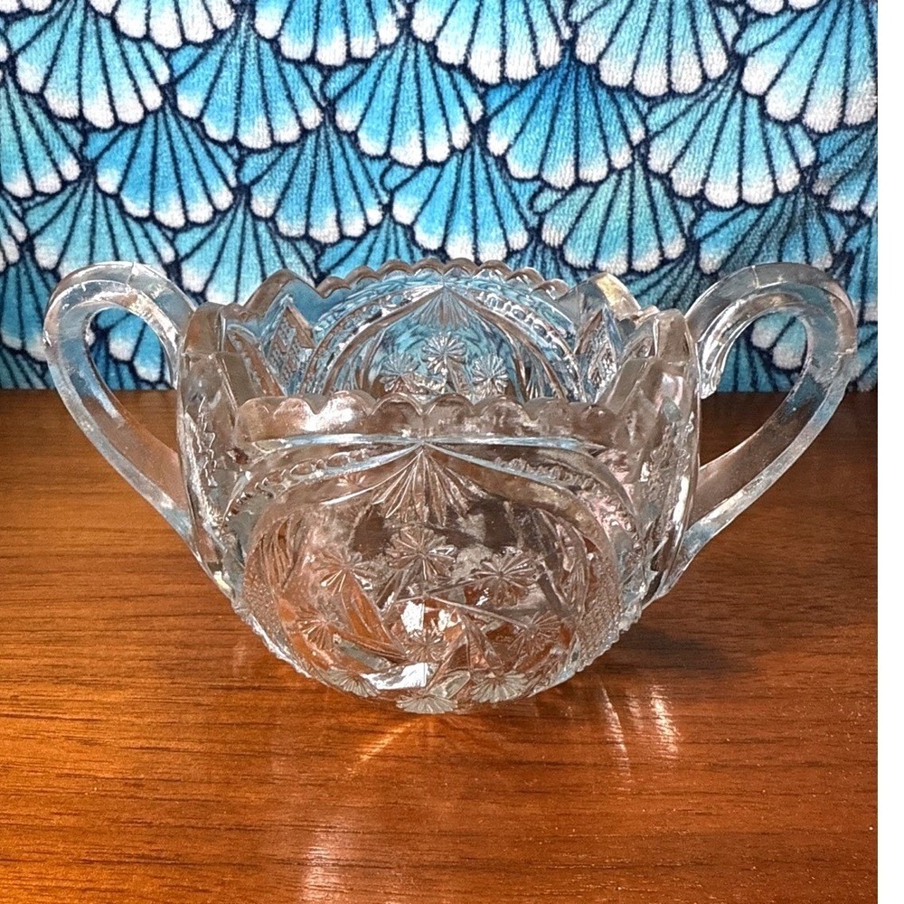 Antique Indiana Glass Double Pinwheel Juno Star Whirl Sugar Bowl 6"